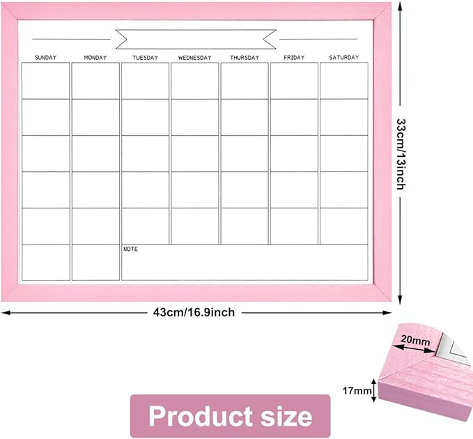 TORASO Dry Erase Monthly Calendar Board, Magnetic Whiteboard for Wall, Office/School/Home, Solid Wood Pink Frame Hanging Board 13"x 17"(YL-Pink-3343-B)