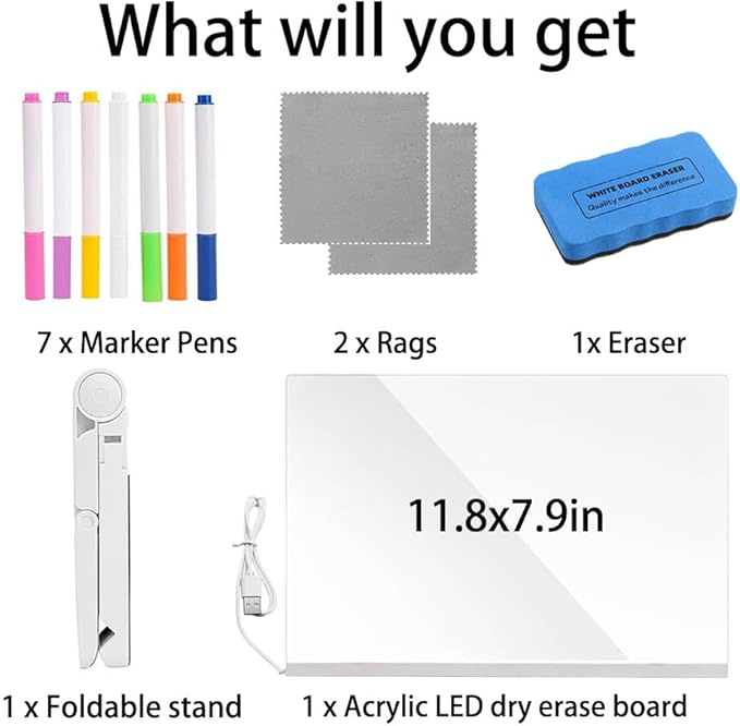Acrylic Led Dry Erase Board - Creative Rewritable Message Board - Led Color Note Board - Light up Led Acrylic Message Board as a Glow Memo Board Note with 7 Pen - Free Eraser Easy to Clean(11.8*7.9in)