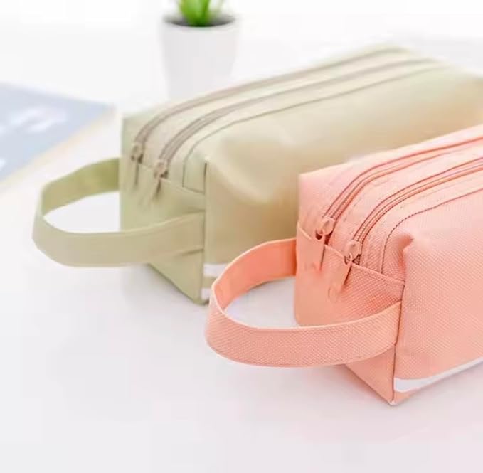 Large Capacity Pink Pencil Organizer with 2 Zipper Pockets, Durable Canvas Stationery Bag for School and Office Supplies, Multi-Purpose Pen Pouch and Travel Storage Case (Pink)
