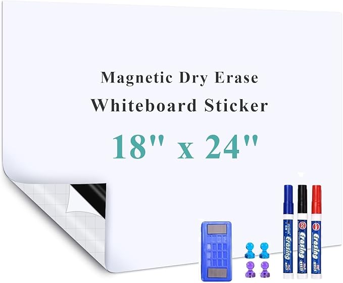 White Board Adhesive Contact Paper, 18" x 24" Stick on Magnetic Whiteboard Roll, Dry Erase Board for Wall, Easy to Write and Clean Magnetic Board