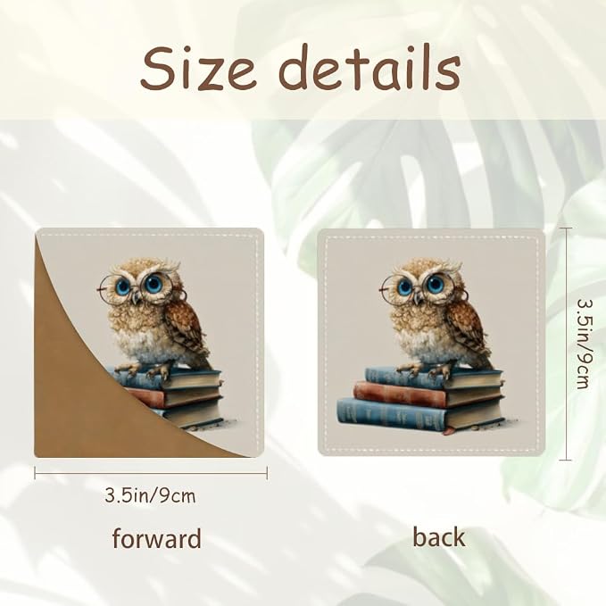 2PCS PU Leather Bookmarks 3.5x3.5 Inch Owl Glasses Book Design | PU leather bookmarks with owl glasses book design for novels, notebooks, class notes, students, teachers and book lovers