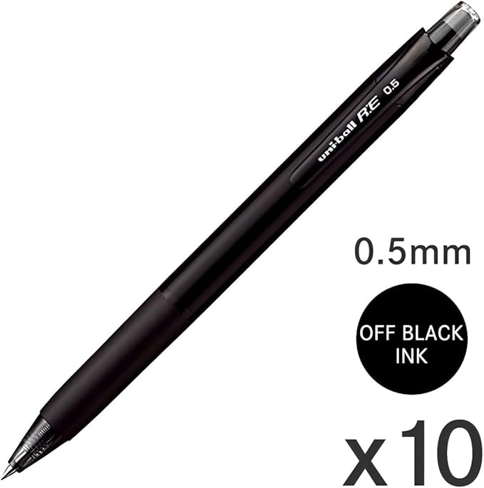 Mitsubishi Pencil Erasable Gel Ink Ballpoint Pen, uni-ball R:E 0.5mm, Off Black, Set of 10