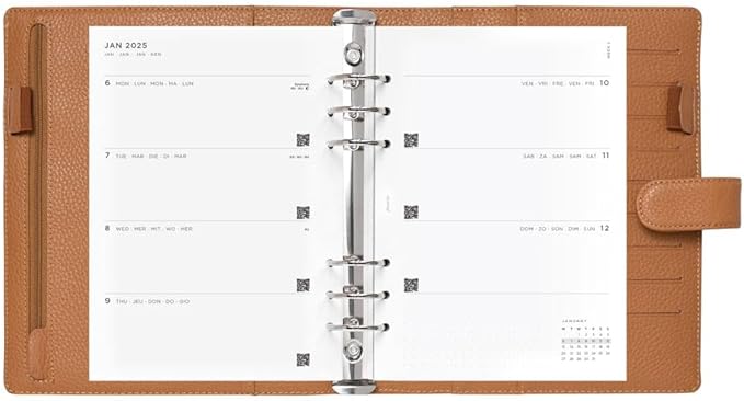 Filofax Norfolk Organizer, A5 Size, Almond - Soft, Full-Grain Leather, Six Rings, Week-to-View Calendar Diary, Multilingual, 2025 (C022634-25)