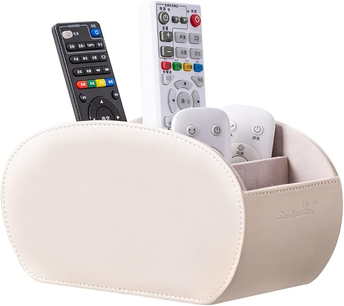 BONNY DODO PU Leather Multi-Functional Office Organizar Box Remote Control Holder Desk Storage Suppliers Caddy Table with 5 Compartment Store TV Remote, Brush, Pencil, Glasses, Media Player (Beige)