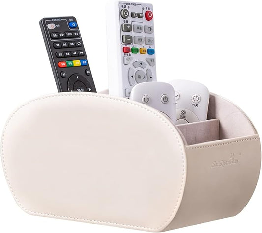 BONNY DODO PU Leather Multi-Functional Office Organizar Box Remote Control Holder Desk Storage Suppliers Caddy Table with 5 Compartment Store TV Remote, Brush, Pencil, Glasses, Media Player (Beige)