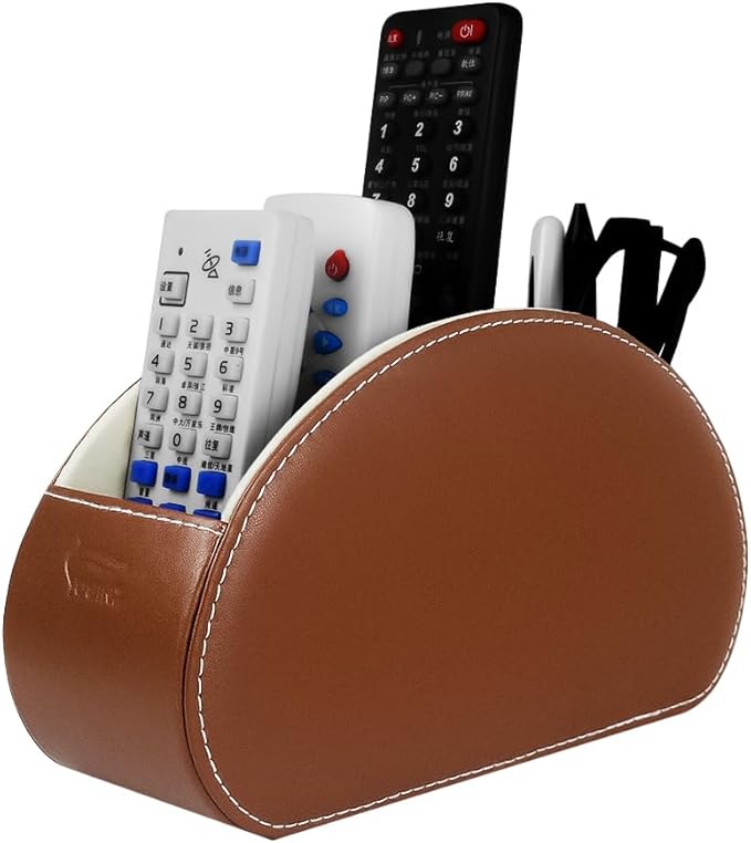 Remote Control Holder Organizer - Table Desk Leather Storage with 5 Spacious Compartments (Brown)