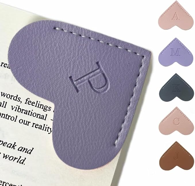 Personalized Leather Book Marks, Heart Bookmark, Unique Cute Handmade Letter Bookmarks Accessories for Reading Women, Teacher, Student, Book Lovers Book Mark Gifts (Purple, P)