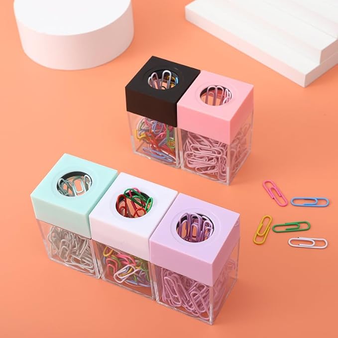 Paper Clip Dispenser Holder,Desk Organizer with Magnetic Top for Office and School Multi-Use Clips and Binder Clips Holder Portable Square Desktop Paper Clip Storage Box Office Supplies（Pink ）