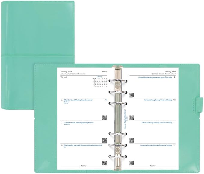 Filofax Domino Patent Organizer, Personal Size, Turquoise - High-Gloss, Contemporary, Six Rings, Week-to-View Calendar Diary, Multilingual, 2025 (C022514-25)