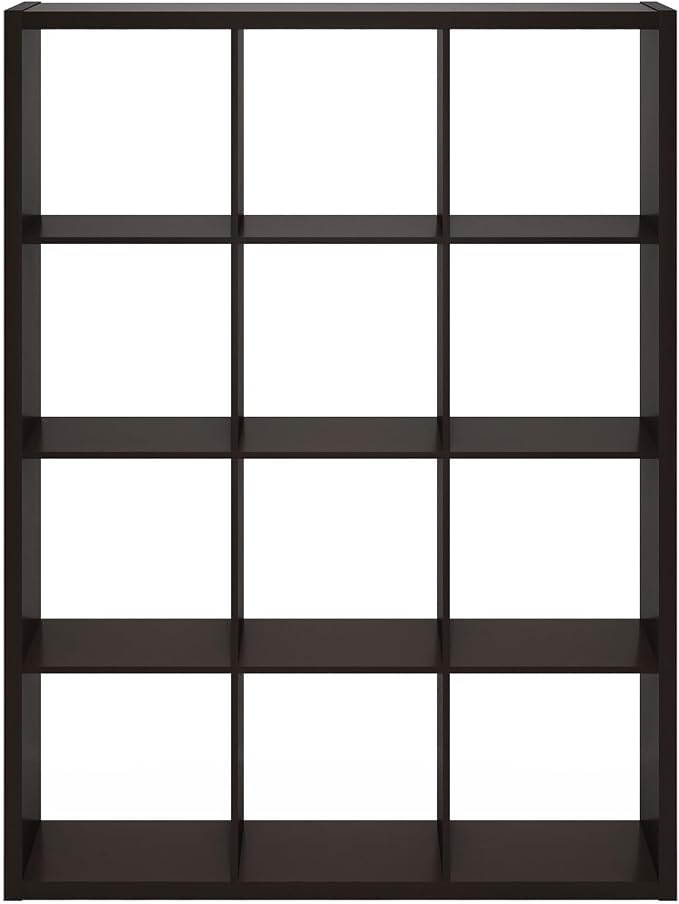 Furinno Cubicle Book Shelf, 12-Cube Bookshelf, Extra Thick Frame Reversible Bookcase with Open Back, 14.6" x 44" x 58", for Living Room, Bedroom, Home Office, Black Dark Oak
