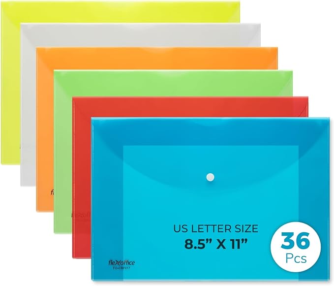 FLEXOFFICE 36 Pack Plastic Envelopes with Snap Closure, Legal Size, 15"x10.2", 6 Assorted Colors, File Folders for A4 Size, Letter Documents for Business, School, Home