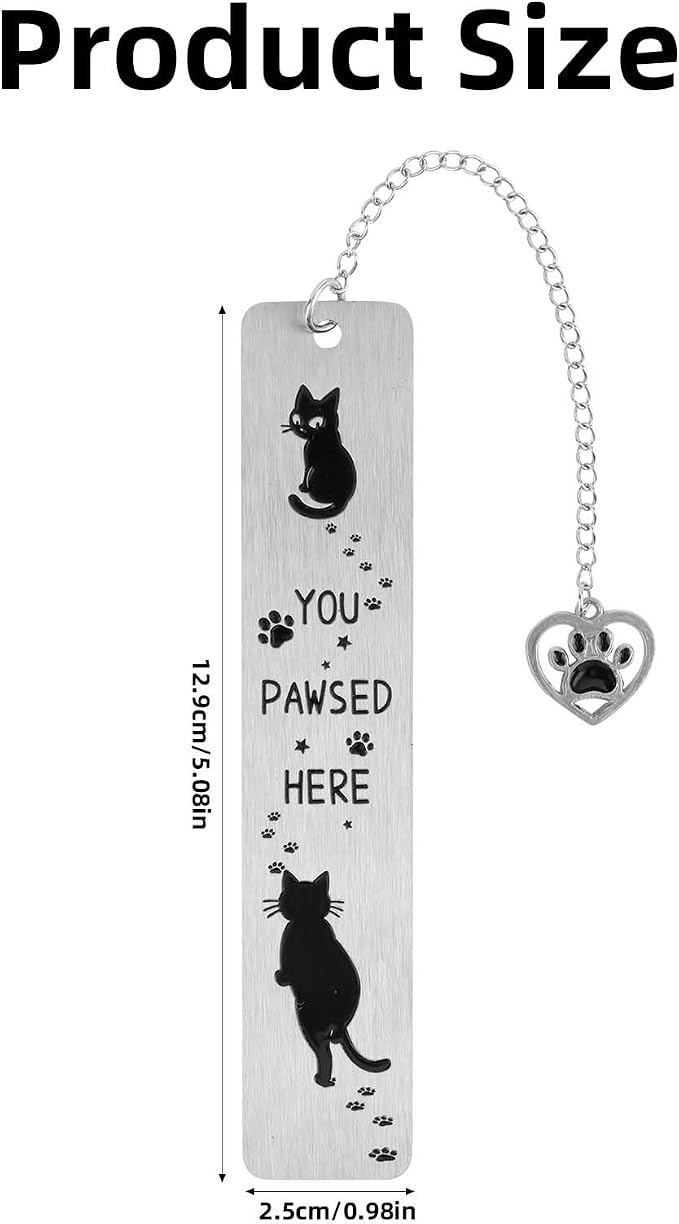 Cat Bookmark, 12.9x2.5cm/5.08x0.98in Zinc Alloy Adorable Metal Cute Funny Black Animal Paw Prints Reading Book Marks Marker Bookmarker for Teacher Student Friend Women Book Lovers Gift Accessories