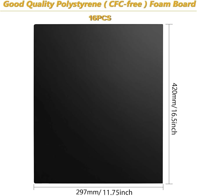 11.75x16.5 inch Black Foam Board 16Pcs A3 Black Poster Board 3/16" Thick Foam Core Backing Board Black Mat Boards for Projects Art Presentations Crafts Display Favors