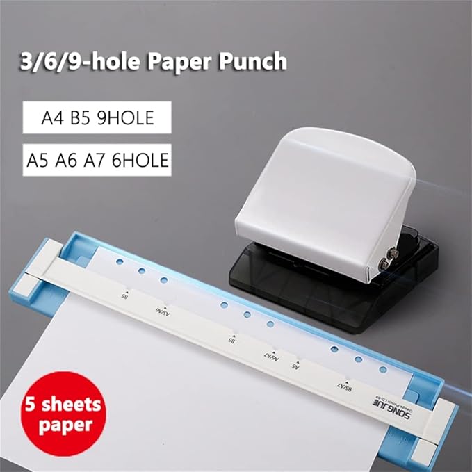 3/6/9 Hole Punch Handheld Metal Hole Punch Capacity 6mm for A4 A5 B5 for Notebook Scrapbook Journal Binding(D)