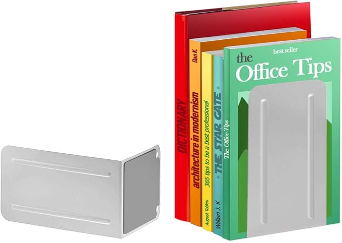 Acrimet Bookends for Shelves, Non-Skid Book Holder, Heavy Duty Book Stopper, Steel Metal Book Ends Storage for Home, Library, 6 7/8" H x 4" W x 4 1/2" D (White) (1 Pair / 2 Pieces)