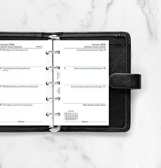 Filofax Calendar Diary Refill, Mini Size, Week-to-View, White Paper, Unruled, Multilingual: Four Languages, 2026 (C68127-26)