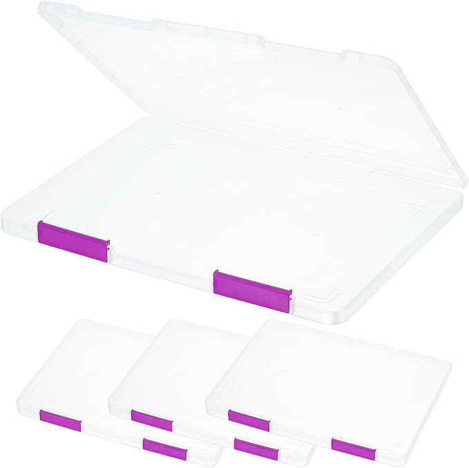 PATIKIL Clear A4 File Portable Project Case with Buckle Plastic Storage Box for 8.5" x 11" Letter Paper Scrapbook Paper Storage Boxes, 4Pcs, 12.2"x9.1"x0.8", Purple
