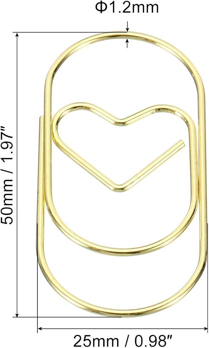 MECCANIXITY Paper Clip Heart-Shaped Cute Decorative Fun Clips Bookmarks 2 Inch Gold Tone for Organize Office Home, Pack of 50