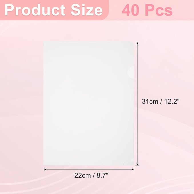 PATIKIL A4 Plastic Folders, 40 Pack Clear Folders L Type Project Pockets Paper Document Jacket Sleeves L Shaped Transparent for Documents Plastic Office File, 8.7x12.2in, Transparent