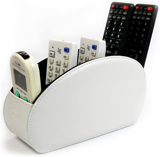 Remote Control Holder Organizer Desk Leather Cases Control Storage TV Remote Control Organizer with 5 Spacious Compartments (White with Metal Bottom)