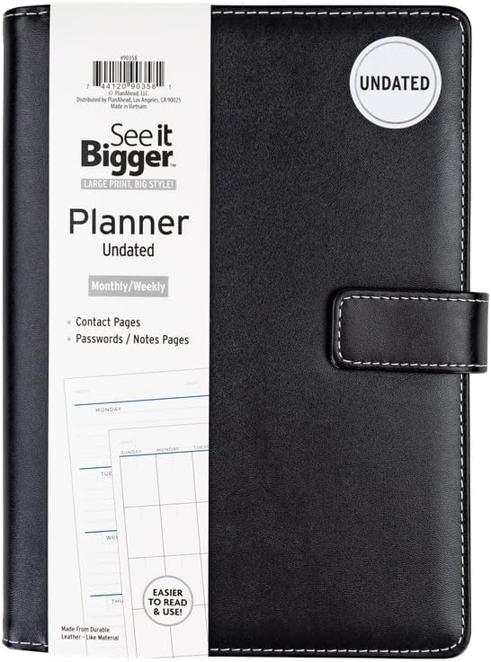 See It Bigger Medium 15-Month Undated Padfolio Planner – 9" x 7" Monthly & Weekly Dated Organizer with Removable Lined Notebook, Interior Pockets, and Large Print for Work & Personal Use