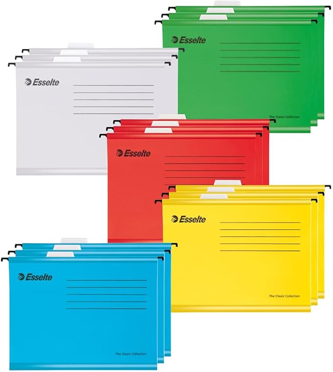 Esselte A4 Reinforced Filing Cabinet Suspension File, Pack 15 Made from Strong 100% Recycled Card, with Tabs and Card Inserts, for Home, Office, School Organisation, Assorted Colours