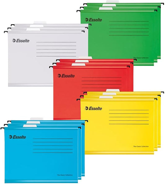 Esselte A4 Reinforced Filing Cabinet Suspension File, Pack 15 Made from Strong 100% Recycled Card, with Tabs and Card Inserts, for Home, Office, School Organisation, Assorted Colours