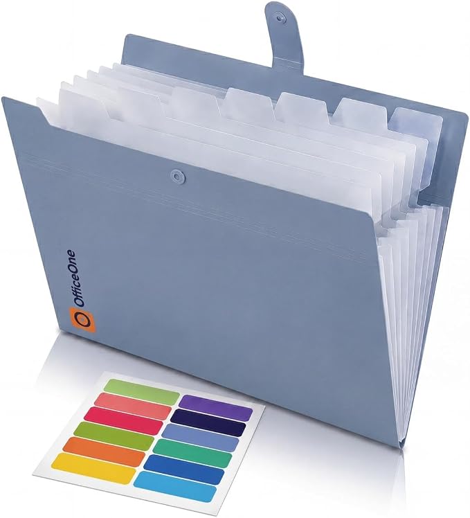 OfficeOne 8-Pocket Expanding File Folder, A4 Letter Size Accordion Document Organizer with Snap Closure, Labeled Tabs & Customizable Color-Coding Stickers, Home Office School (Slate Blue)
