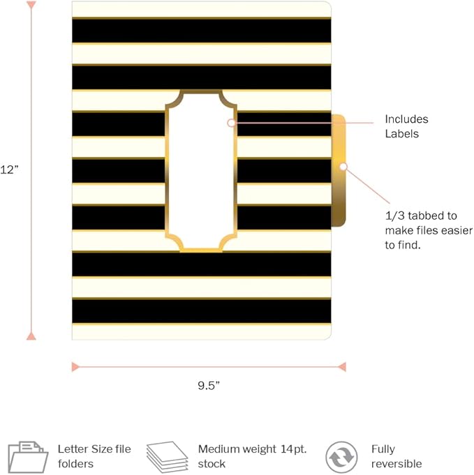 Barker Creek File Folders - Set of 12 Gold Letter Size Folders, 14pt Stock, Multi-Design Set, 1/3 Cut Tabs, Reversible, Home, School and Office Supplies (2001)