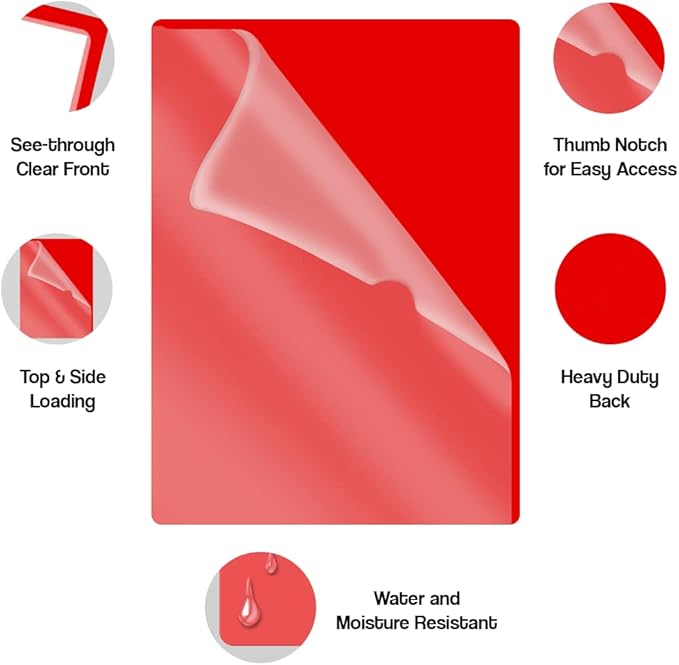Doctor Stuff - 25 Pack L-Type Vinyl Plastic File Folders Letter Size, Red Pocket Project Folders Clear Front, Documents Holder for Home, High School, Office and Medical Files