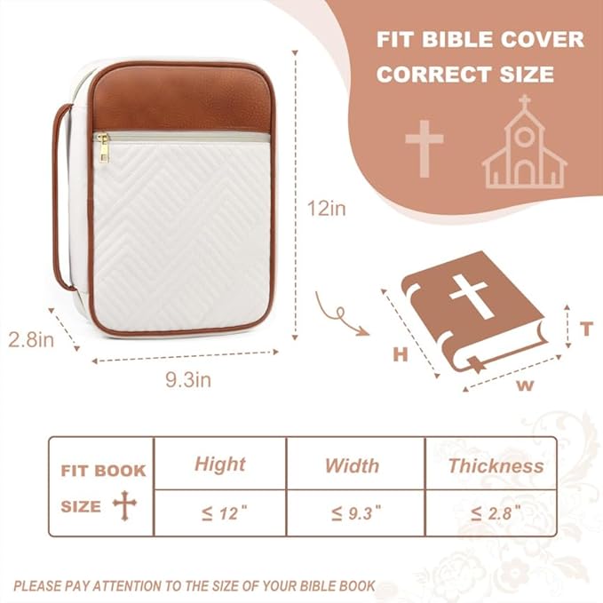 Bible Cover Case for Women, Quilted Large Handle Vegan Leather Bible Bags with Bible Study Supplies Accessories Church,Classroom,Campus,Neighborhood Association (Vintage White & Brown,M/L)