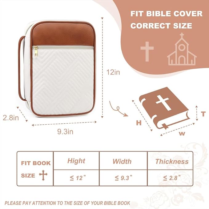 Bible Cover Case for Women, Quilted Large Handle Vegan Leather Bible Bags with Bible Study Supplies Accessories Church,Classroom,Campus,Neighborhood Association (Vintage White & Brown,M/L)