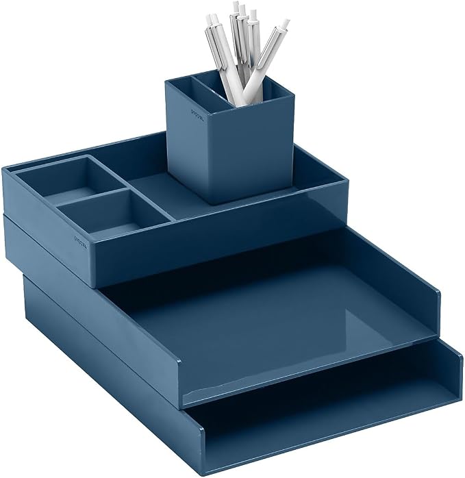 Poppin Super Stacked Desk Set - Slate Blue, Medium Accessory and Letter Tray, This + That Tray, Double Compartment Pen Cup and 6 Signature Ballpoint Pens, Complete Office Organizer Set