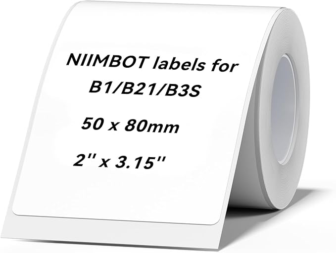 NIIMBOT Labels for B1/B2/B21/B3S/K3 Label Printer, Thermal Stickers 2'' x 3.15''(50x80mm), Waterproof, Oil-Proof Label Tape, 1 Roll of 95 White Sticker Labels