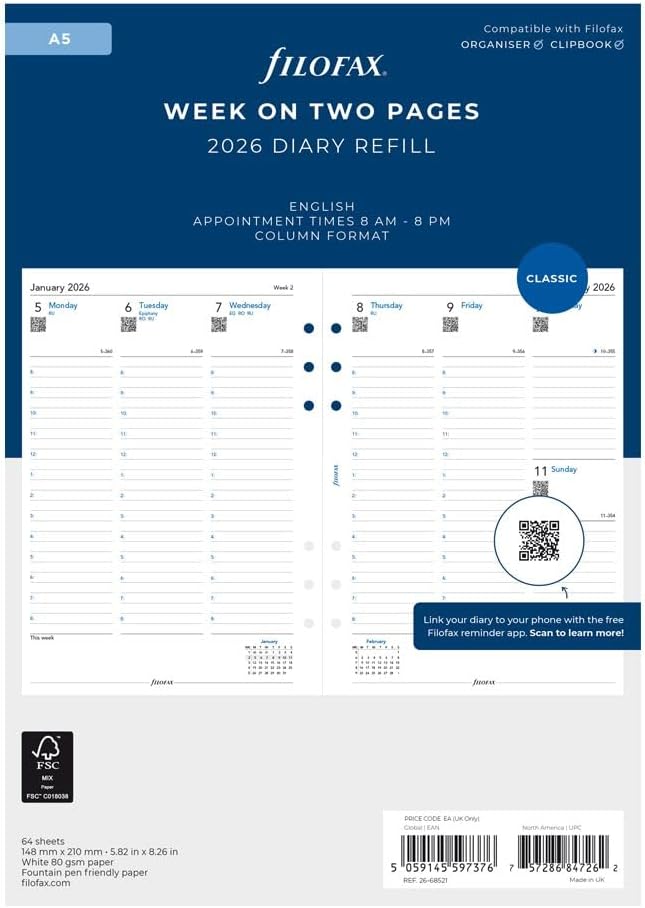 Filofax Calendar Diary Refill, A5 Size, Week-to-View with Appointments, White Paper, English, 2026 (C68521-26)