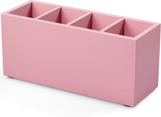 Bivvclaz Pencil Pen Holder for Desk, Wooden Office Desk Organizers and Accessories with 4 Slots for Countertop, Makeup Brush Holder Organizer for Bathroom Vanity, Silverware Caddy for Party, Pink