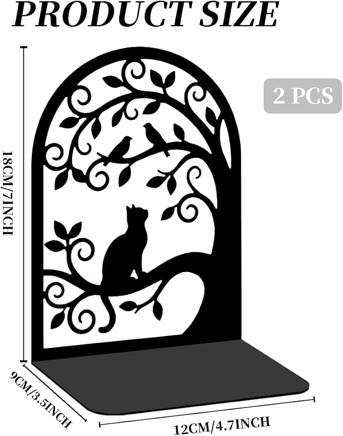 2 Pcs Metal Bookends, Unique Cat Book Ends for Shelves Sturdy Book Organizers and Decorative Books Accessories for Home Office and Library