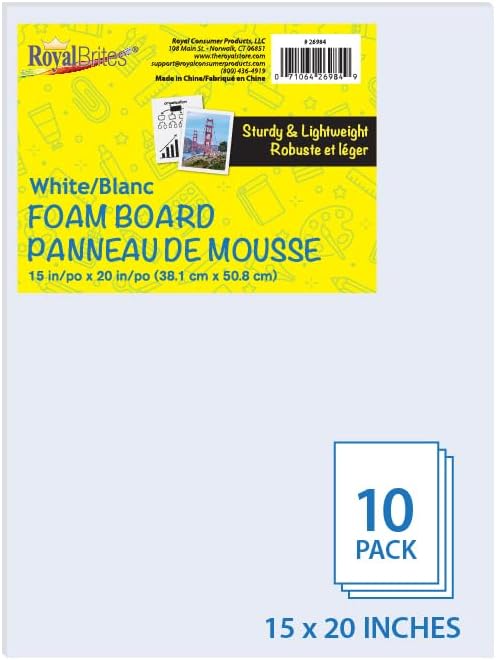 Royal Brites Premium White Foam Board 15” x 20”, Sturdy & Lightweight 3/16" Thick Board for Art, Work Presentations, & School Projects, 10 Sheets
