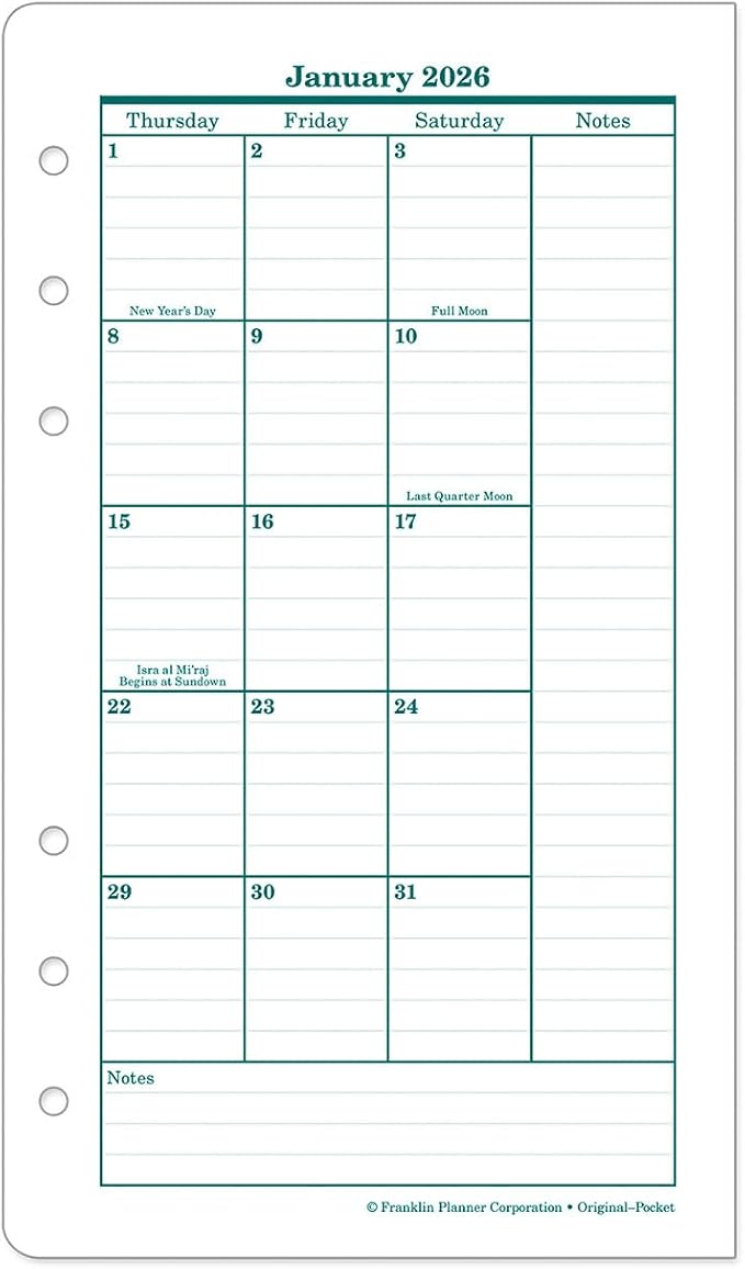 FranklinCovey - Original Two Page Monthly CalendarTabs for Ring-Bound FranklinCovey Planners (Pocket, Jan 2026 - Dec 2026)