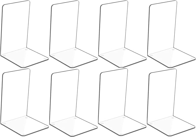 Adwikoso Clear Acrylic Book Ends, 8 Pcs Bookends for Shelves, Non-Slip Book Holder Stand, Decorative Book Stoppers for Heavy Duty Books Office Desktop Organizer