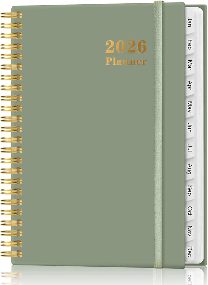 2026 Planner - Weekly and Monthly Calendar Planner from Jan 2026 - Dec 2026, Planner 2026 Spiral Bound with 12 Monthly Tabs, Inner Pocket, Perfect for School Office Supplies, 6.4" x 8.5", Green