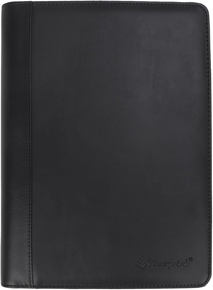 Zippered Portfolio Binder 3 Ring with Writing Pad Legal Size Letter - PU Leather Professional Padfolio Folder for Interview Business, Black