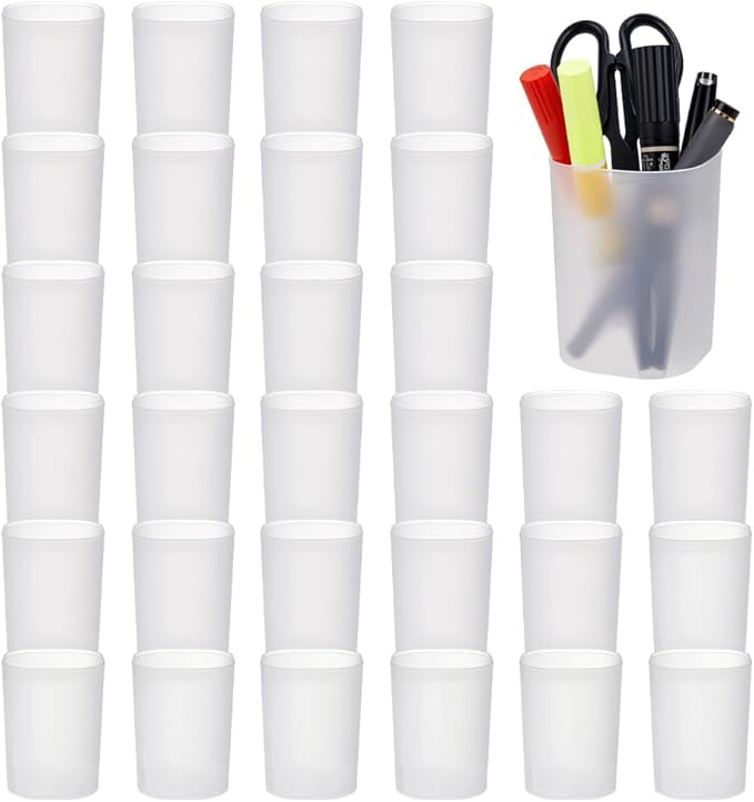 30 Pcs Plastic Pen Holders, Pencil Makeup Brush Cup Holders Translucent White Desk Pen Container Desktop Organizer for Office School Home Art Supplies