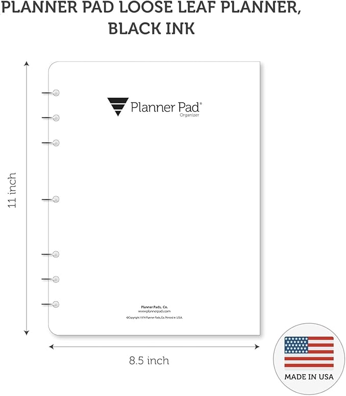 Planner Pad 7 Hole Loose Leaf July 2026 – June 2027 / Academic Year 8 1/2" x 11” 3-Tier Funnel Down 12 Month Large Size Organizer, Black Ink