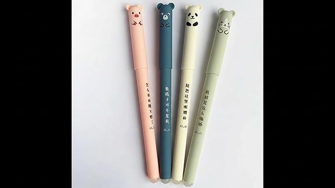 4 Pcs Cute Girly Gel Pens, 0.35mm Blue Ink, Kawaii Pig Bear Cat Mouse Erasable Gel Pens for School Office Supplies Stationery Gift