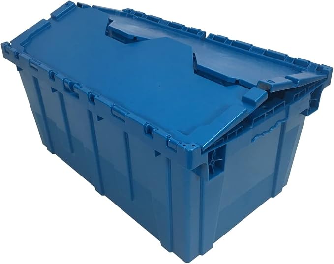 Storage and Packing Plastic Tote Crate Attached Lid Flip Top, 27"x16.9"x12.5", Blue Crates With Lids, Heavy Duty Storage Containers, Stackable Tote Bins For Storage, Moving & Home Organization