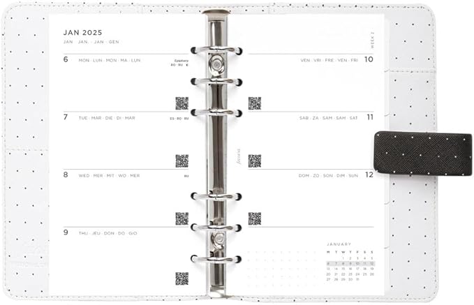 Filofax Moonlight Organizer, Personal Size, Black - Leather-Look, Gold Accents, Six Rings, Week-to-View Calendar Diary, Multilingual, 2025 (C022654-25)