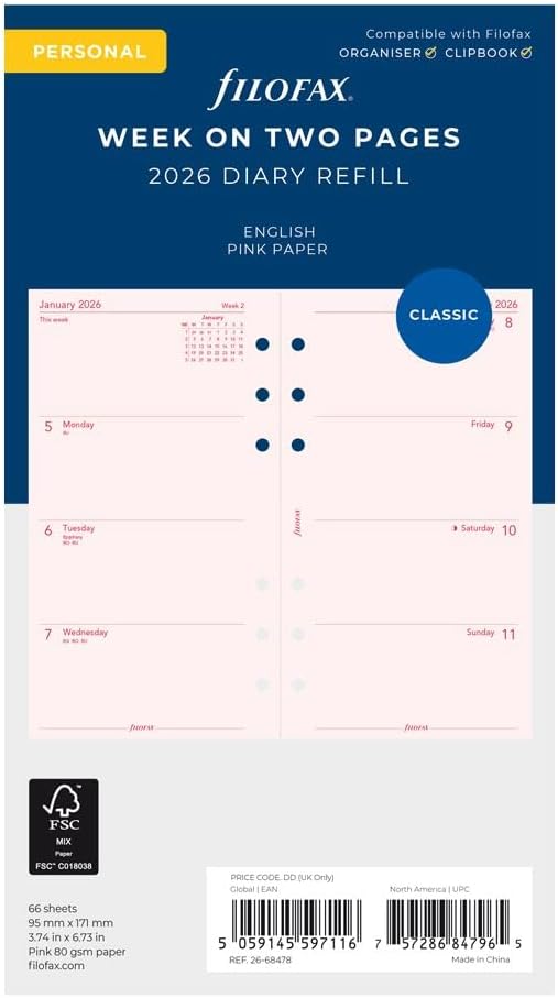 Filofax Calendar Diary Refill, Personal/Compact Size, Week-to-View, Pink Paper, Unruled, English, 2026 (C68478-26)
