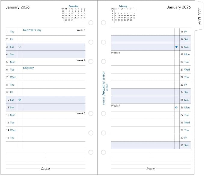 Filofax Calendar Diary Refill, Personal/Compact Size, Month-to-View, with Tabs, White Paper, Ruled, English, 2026 (C68425-26)