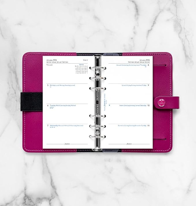 Filofax Calendar Diary Refill, Personal/Compact Size, Week-to-View, White Paper, Unruled, Multilingual: Five Languages, 2026 (C68427-26)